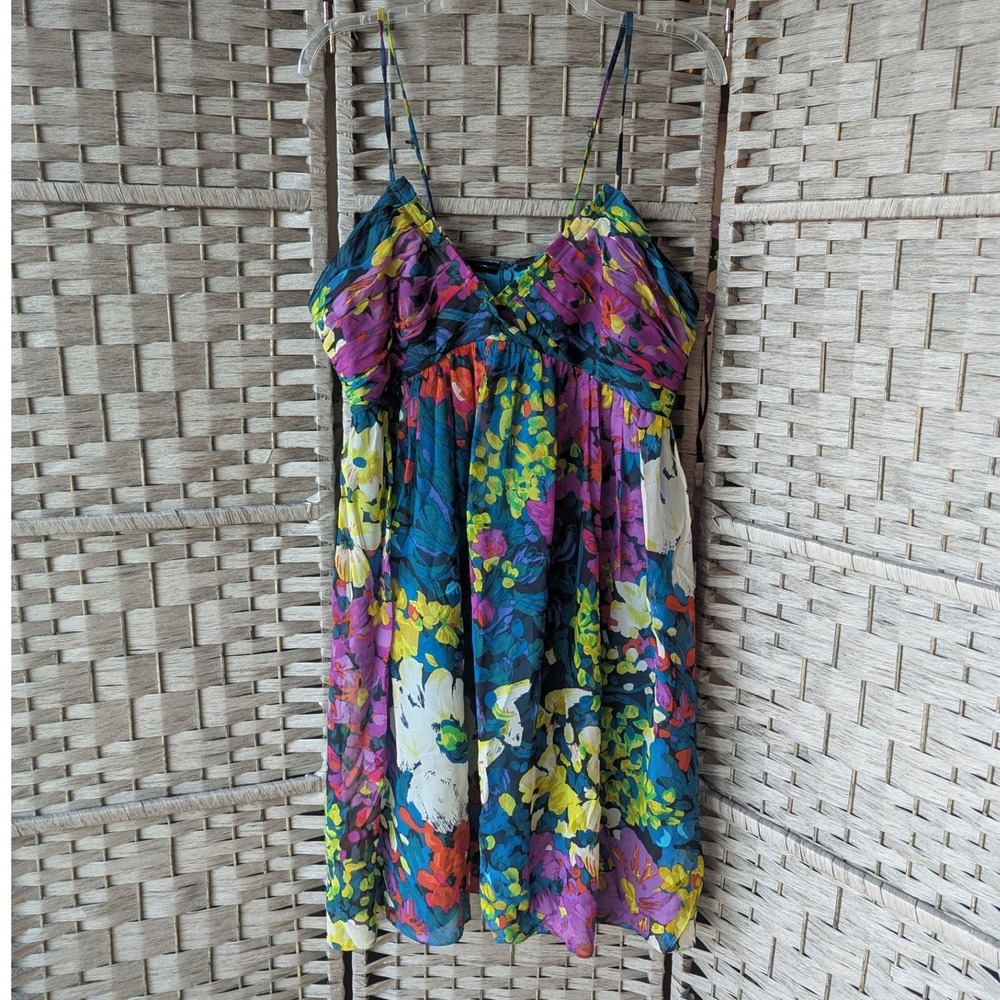 Sleeveless Silk Mini Dress Multi-Color Floral Empire Waist Ruffle Ruched Sz 14